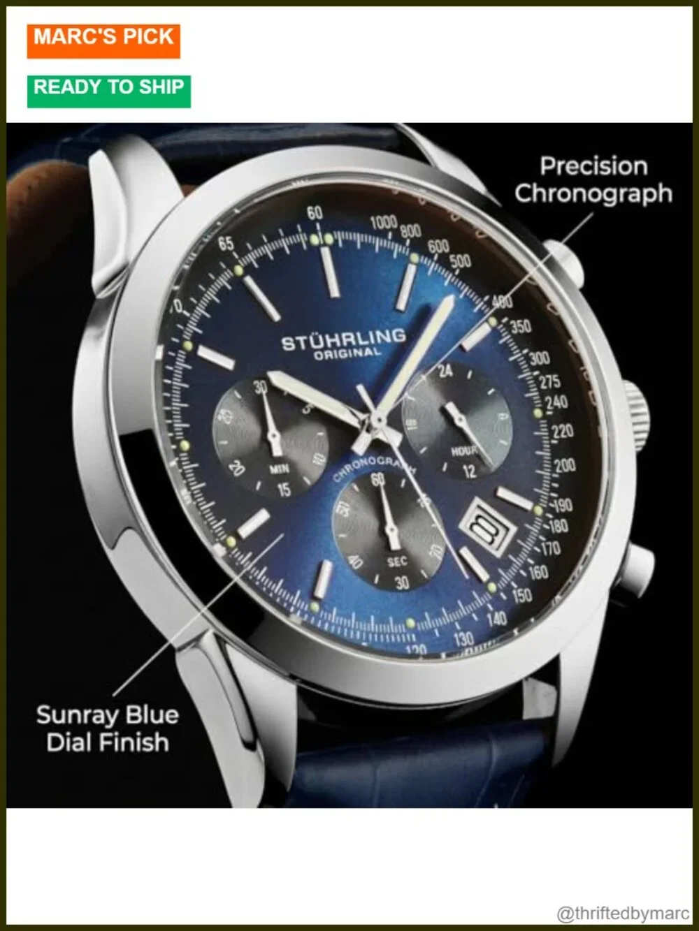 Men's Chronograph Watch – Stainless Steel Case, Leather Band, Blue Dial, Quartz